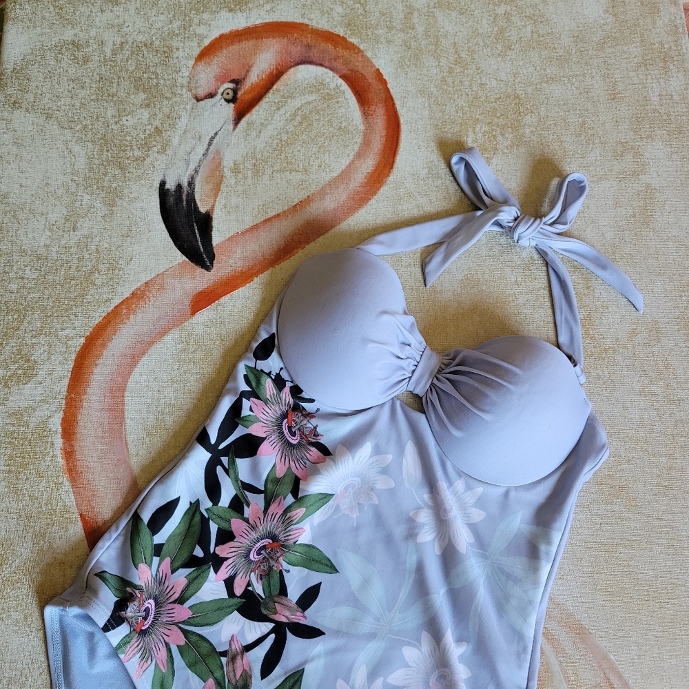 Ted Baker London Belella Illusion Halterneck Swimsuit Blue Floral